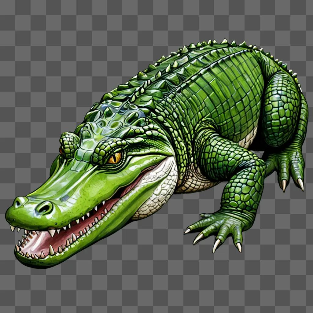 A realistic alligator drawing on a green background