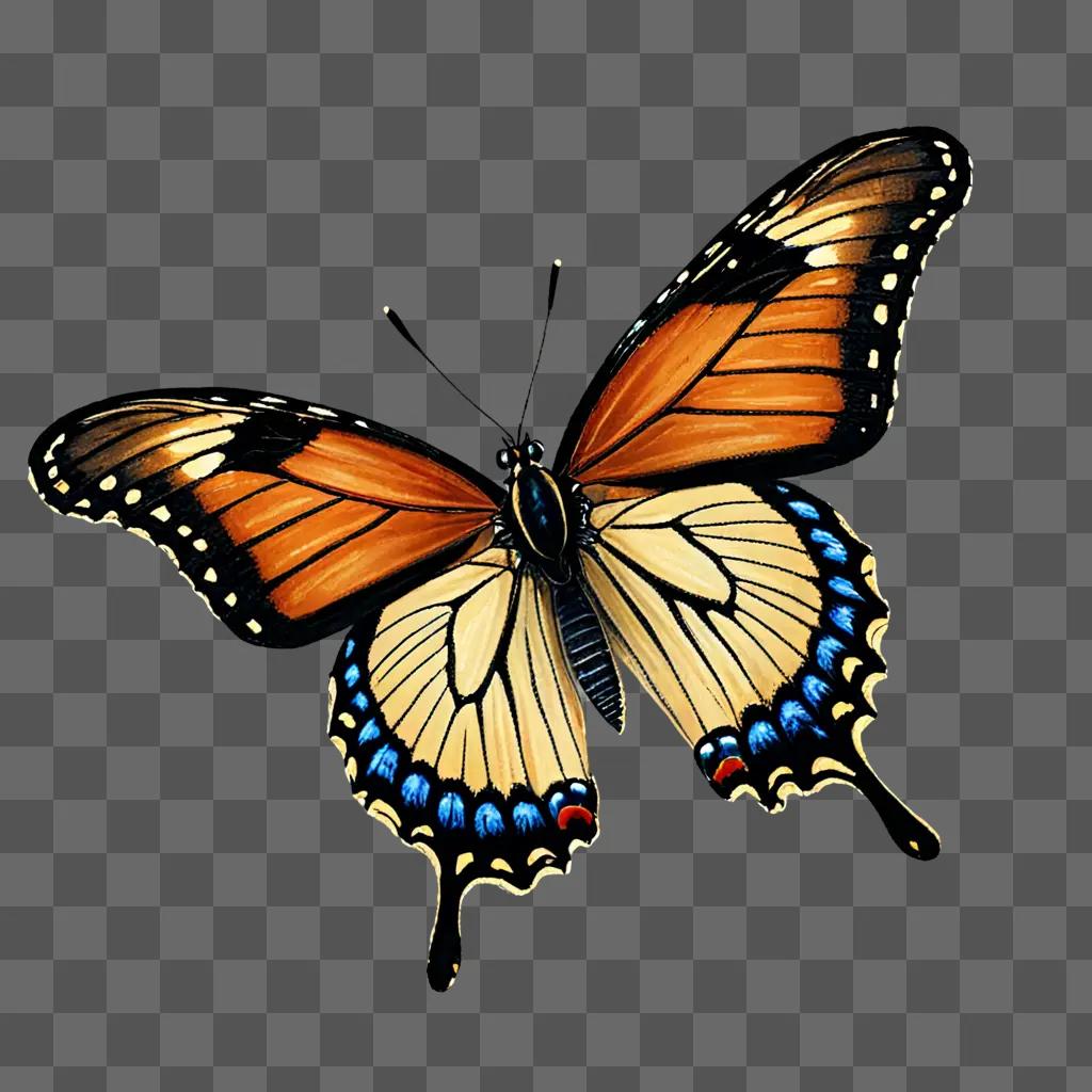 A realistic butterfly drawing on a brown background