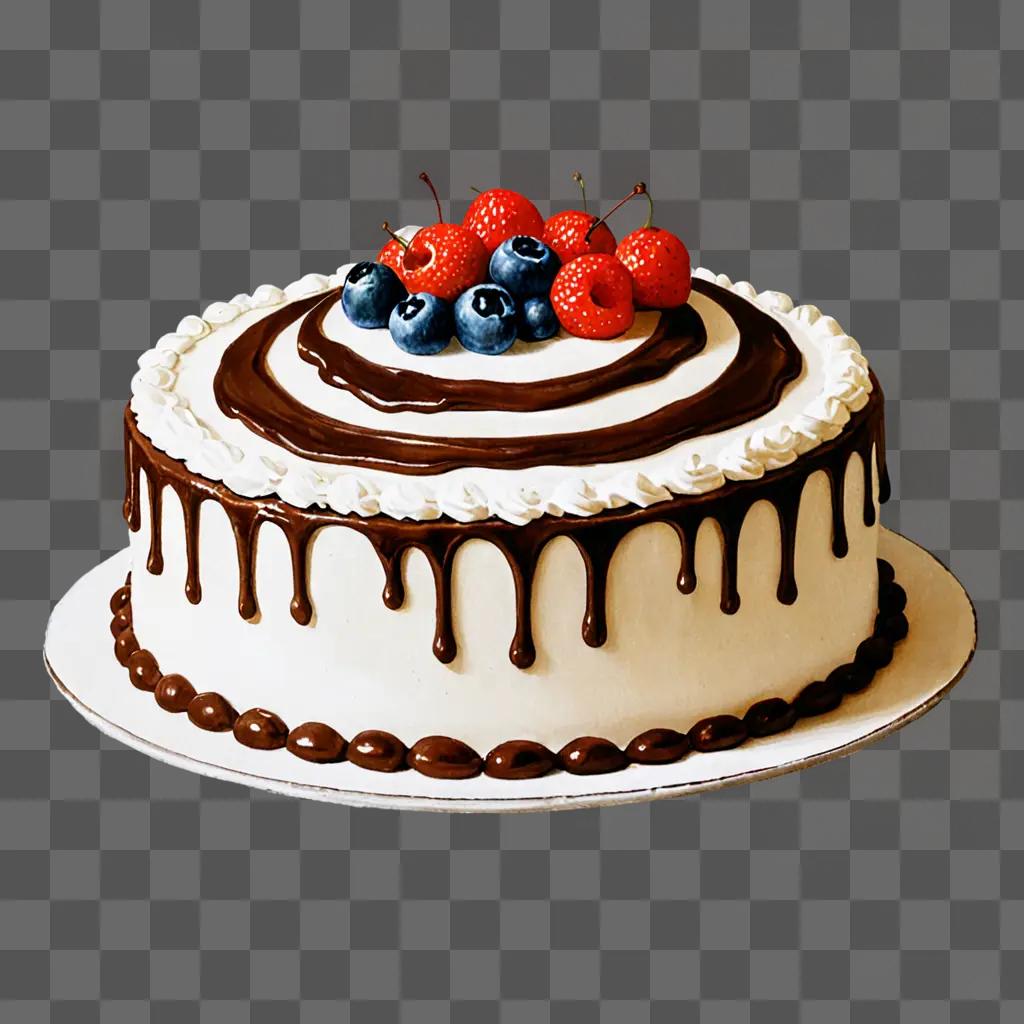 A realistic cake drawing featuring chocolate and berries