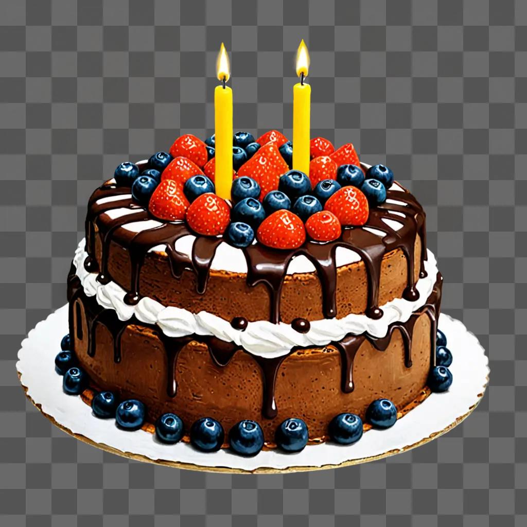 A realistic cake drawing with lit candles and fruit toppings