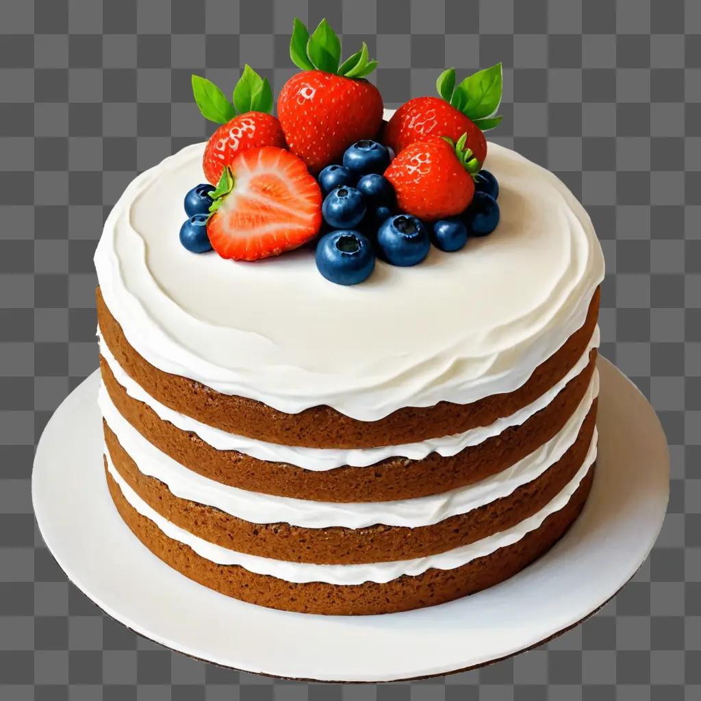 A realistic cake drawing with strawberries and blueberries