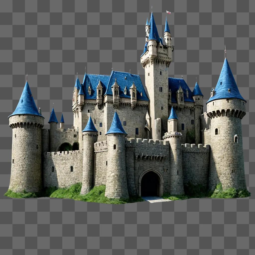 A realistic castle drawing with blue roofs and turrets