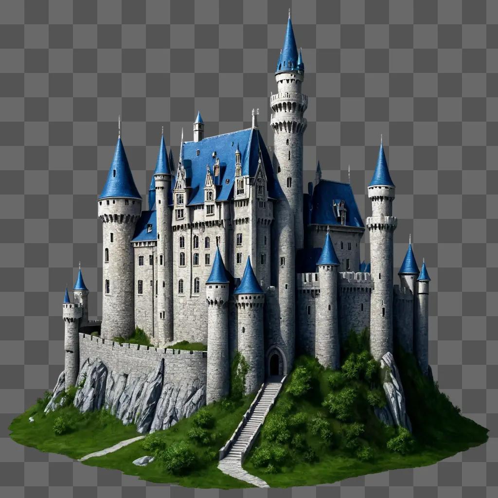 A realistic castle drawing with blue roofs