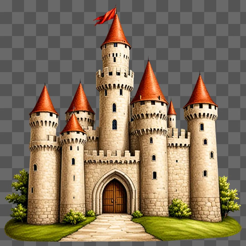 A realistic castle drawing with red roofs