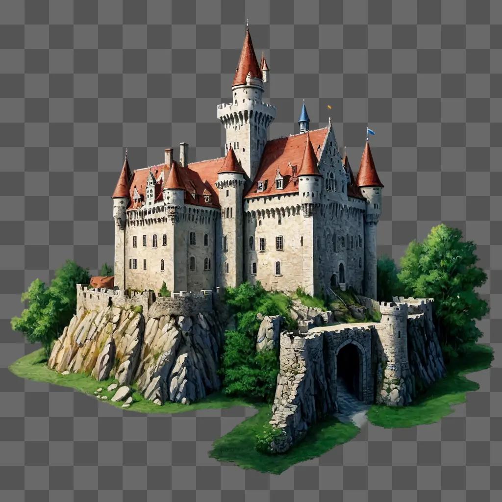 A realistic castle drawing with red roofs and green trees