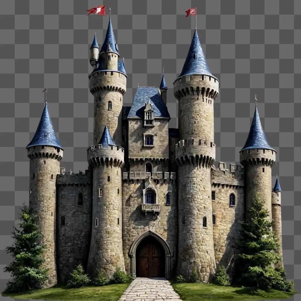 A realistic castle drawing with three towers and two flags