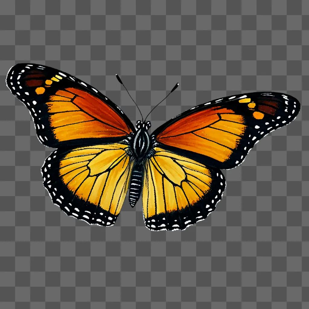 A realistic drawing of a butterfly with orange and yellow wings