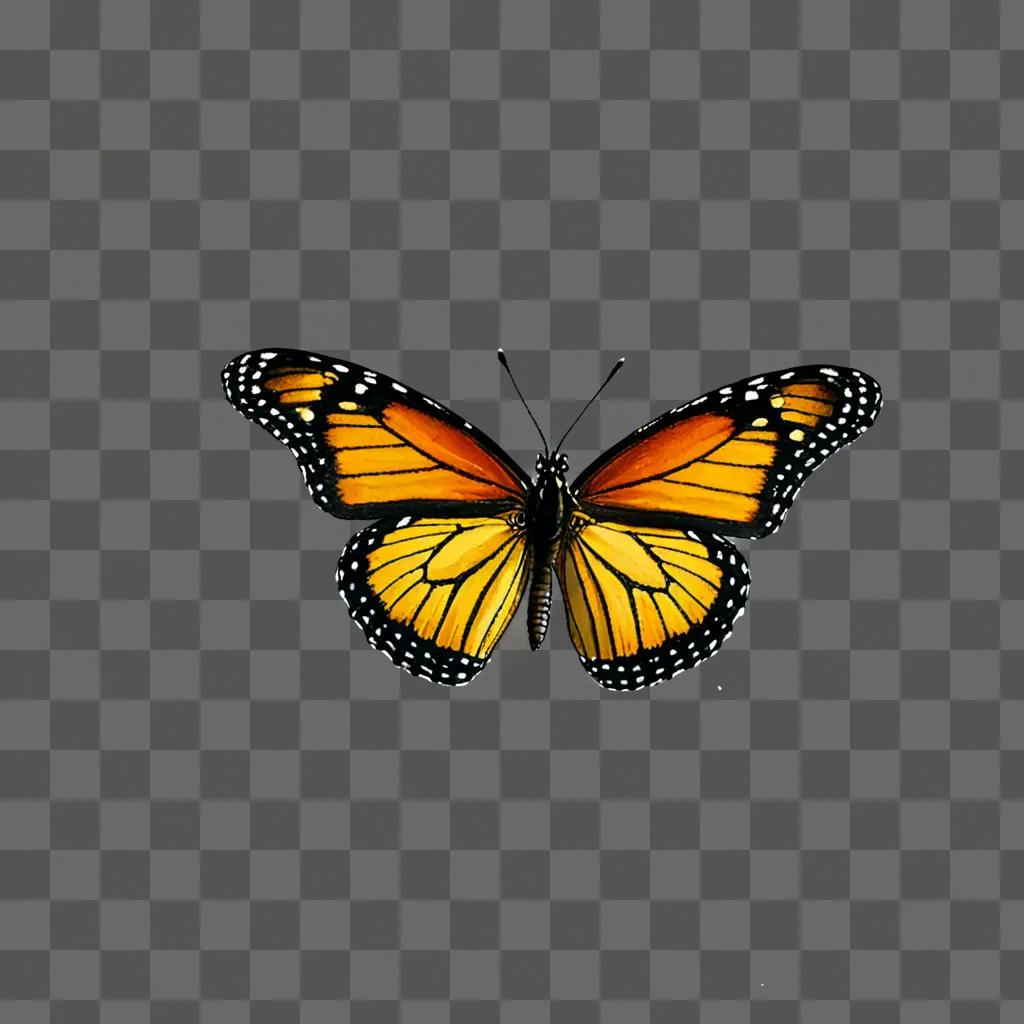 A realistic drawing of a monarch butterfly in flight