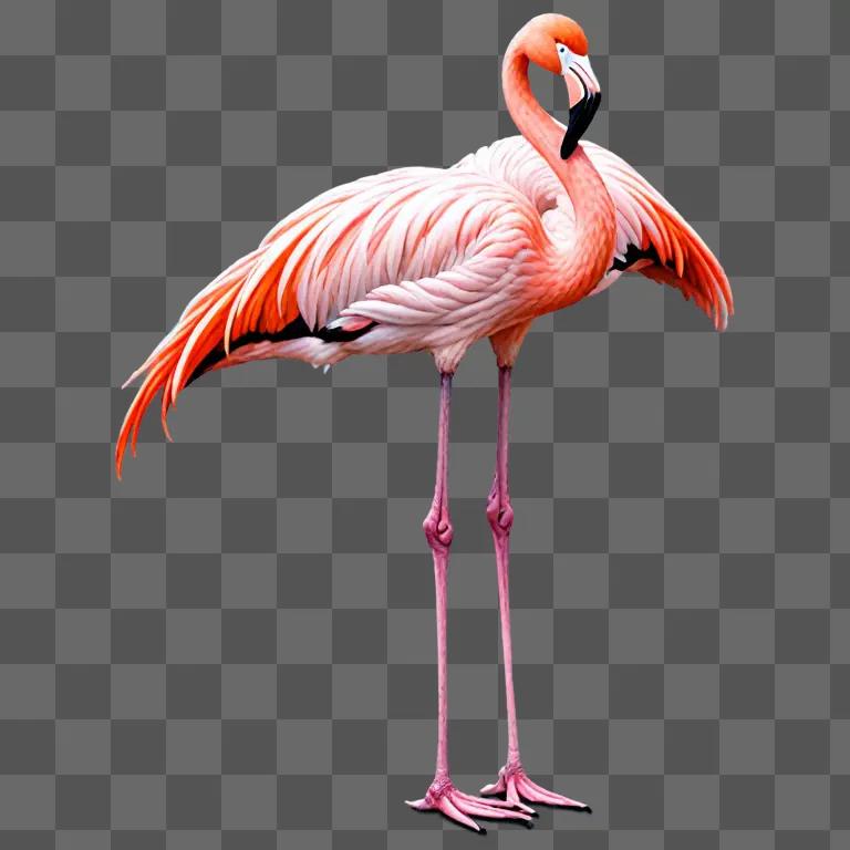 A realistic drawing of a pink flamingo with orange feathers