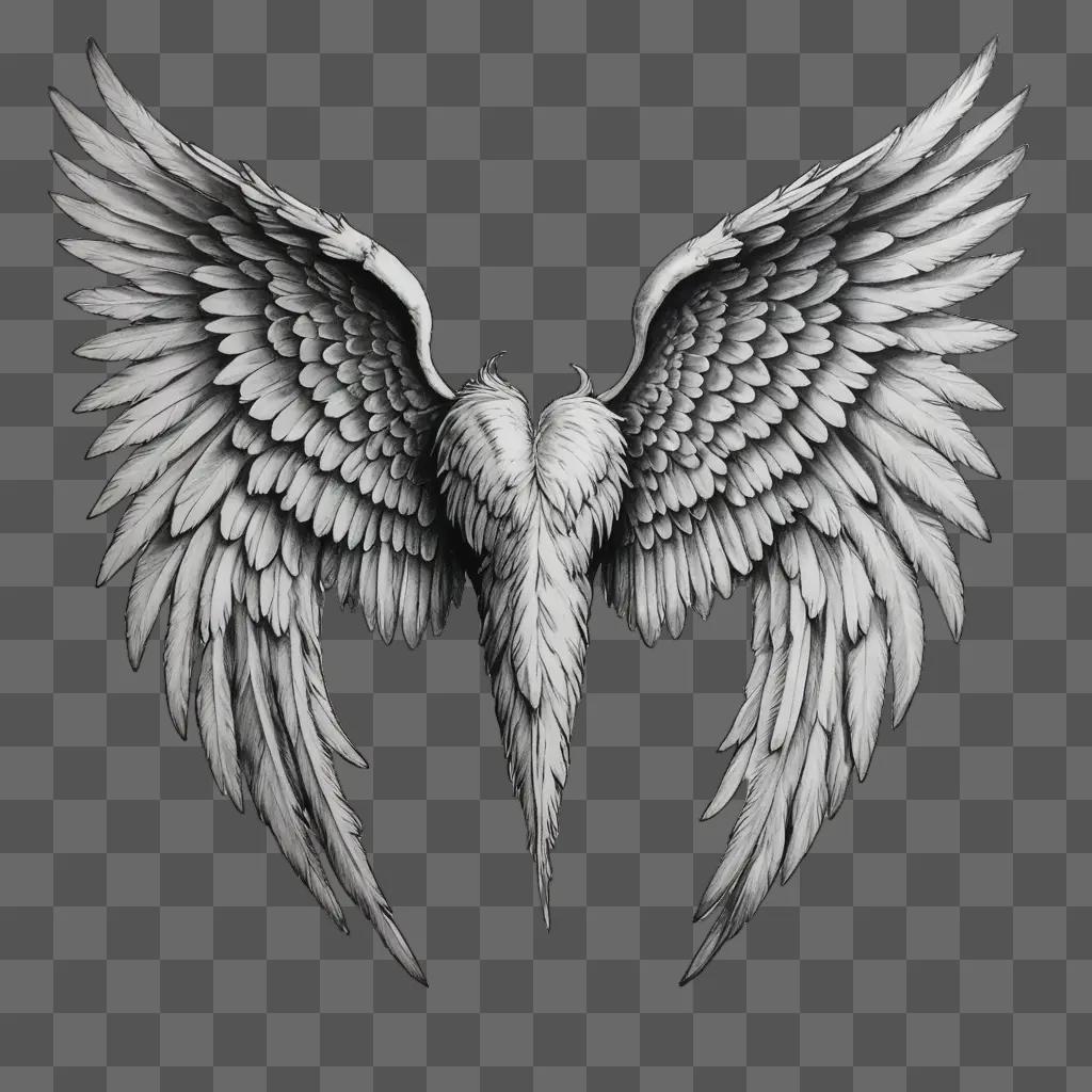 A realistic drawing of angel wings against a black background