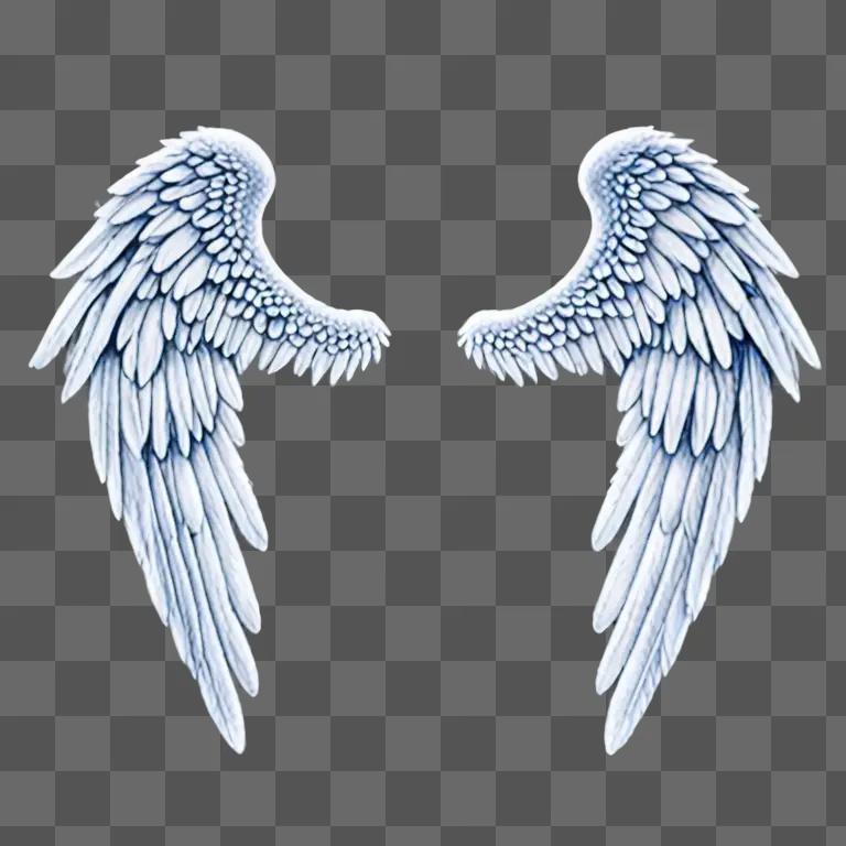 A realistic drawing of angel wings against a blue background