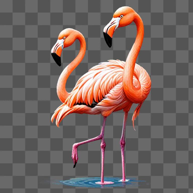 A realistic drawing of two flamingos standing in a pond