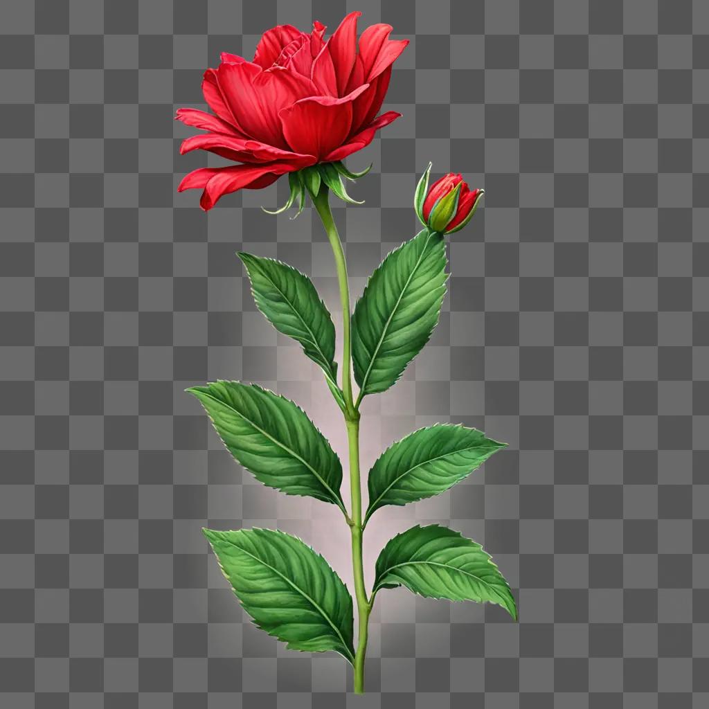 A realistic flower drawing of a red rose and leaf