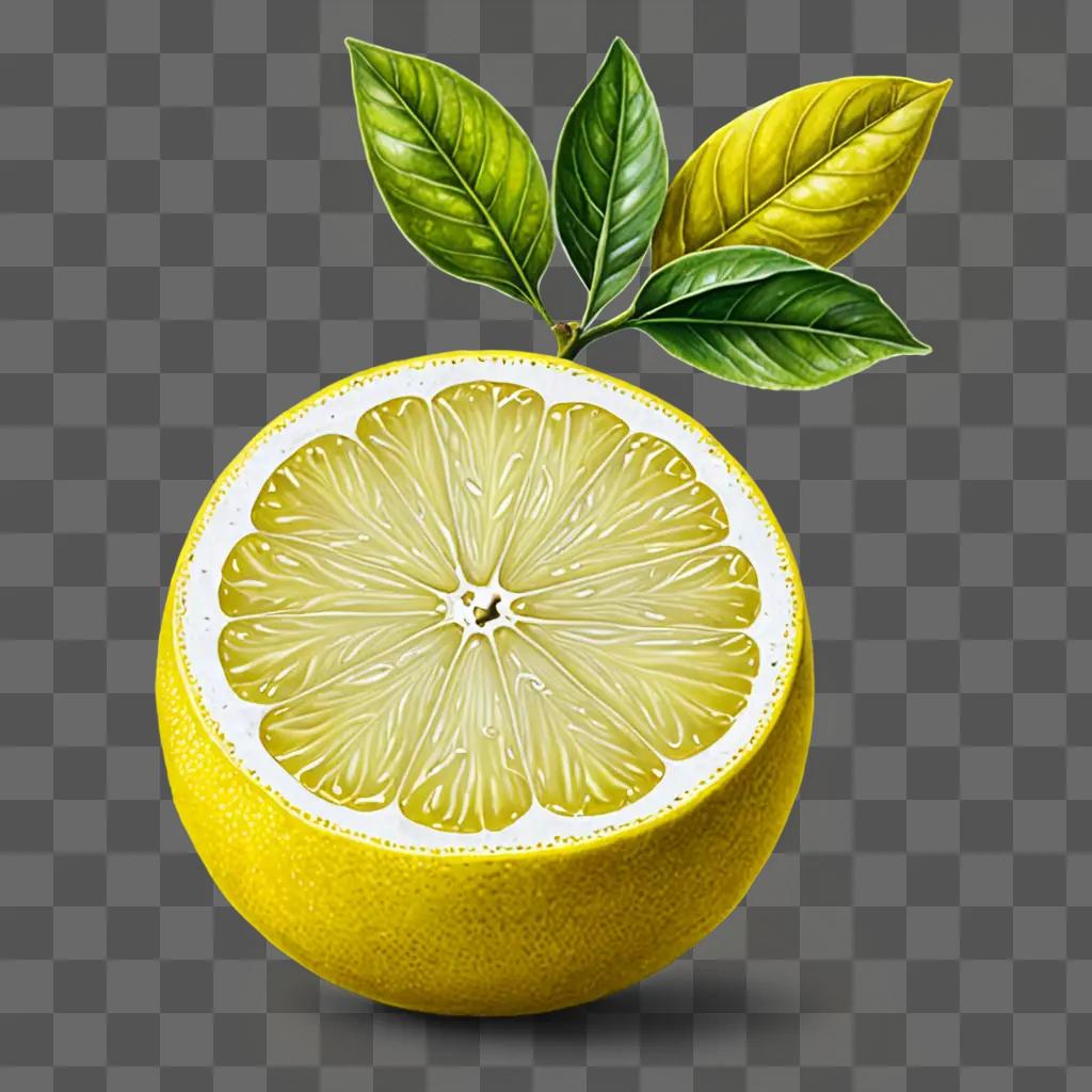 A realistic lemon drawing with green leaves