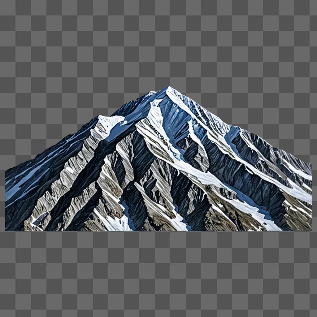 A realistic mountain drawing is displayed in a gray background