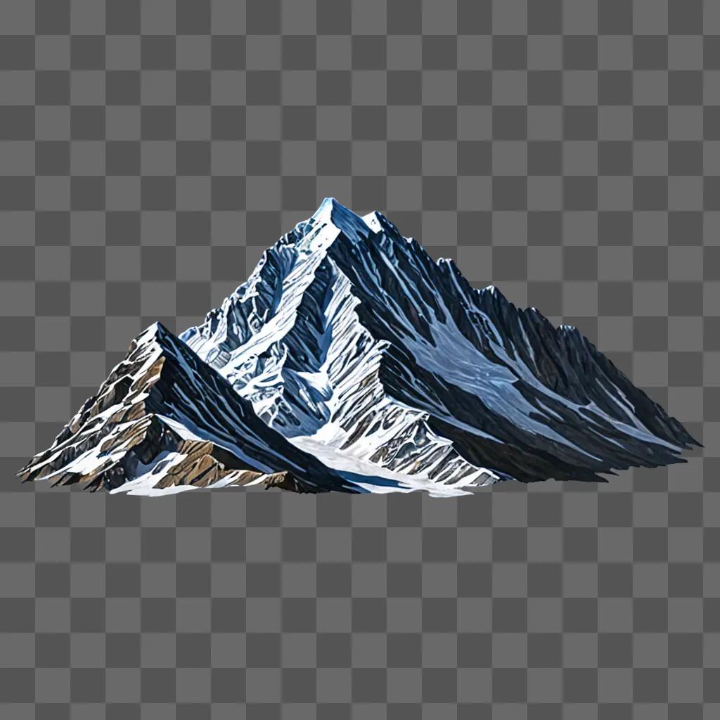 A realistic mountain drawing is shown on a grey background