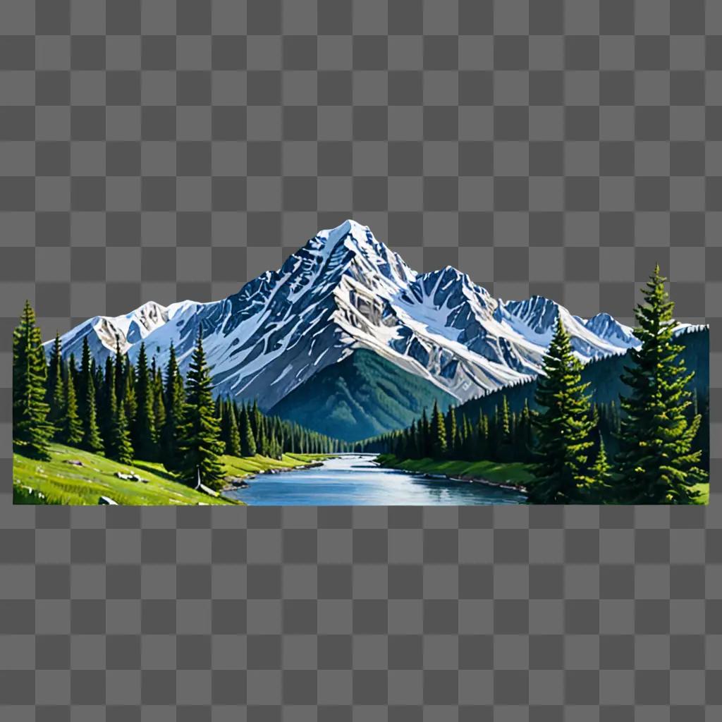 A realistic mountain drawing is shown with a blue sky