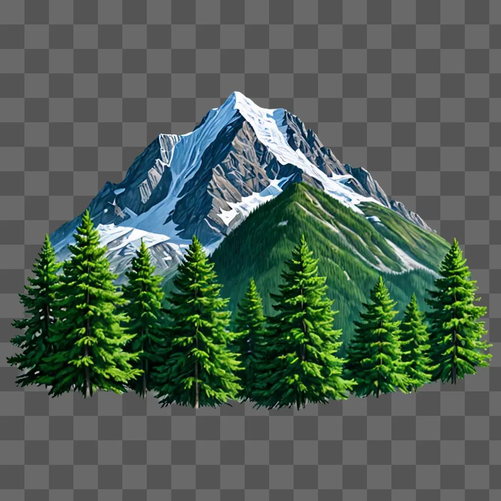 A realistic mountain drawing with pine trees