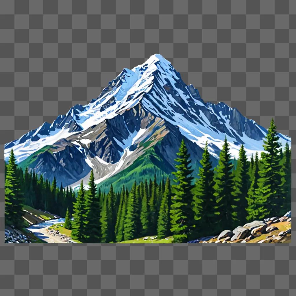 A realistic mountain drawing with snowy peaks