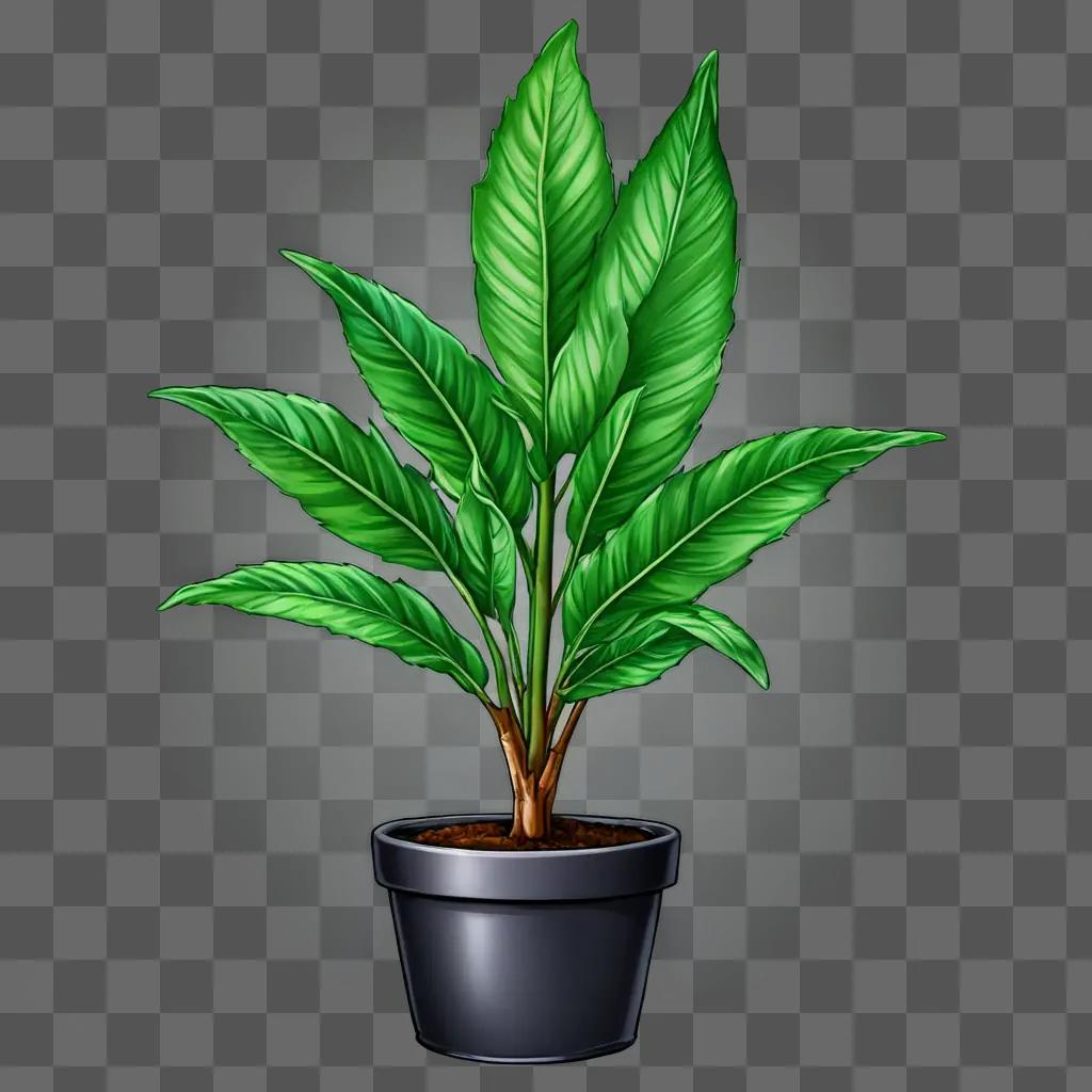 A realistic plant drawing in a pot on a green background