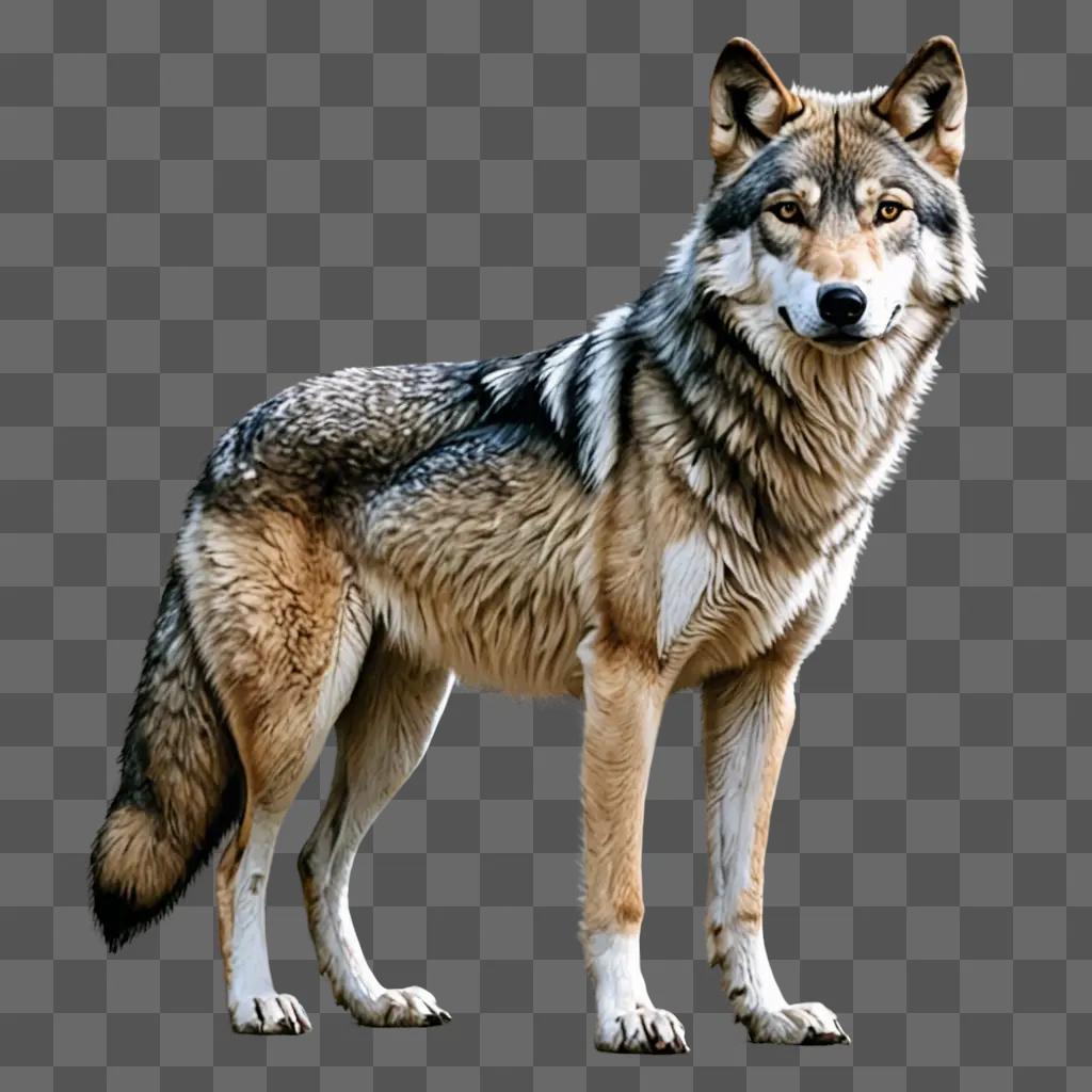 A realistic wolf drawing of a wolf standing in front of a brown background