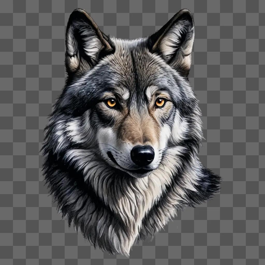 A realistic wolf drawing of a wolfs face