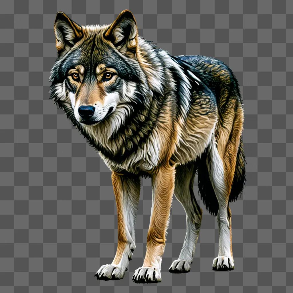 A realistic wolf drawing with a brown and white color scheme