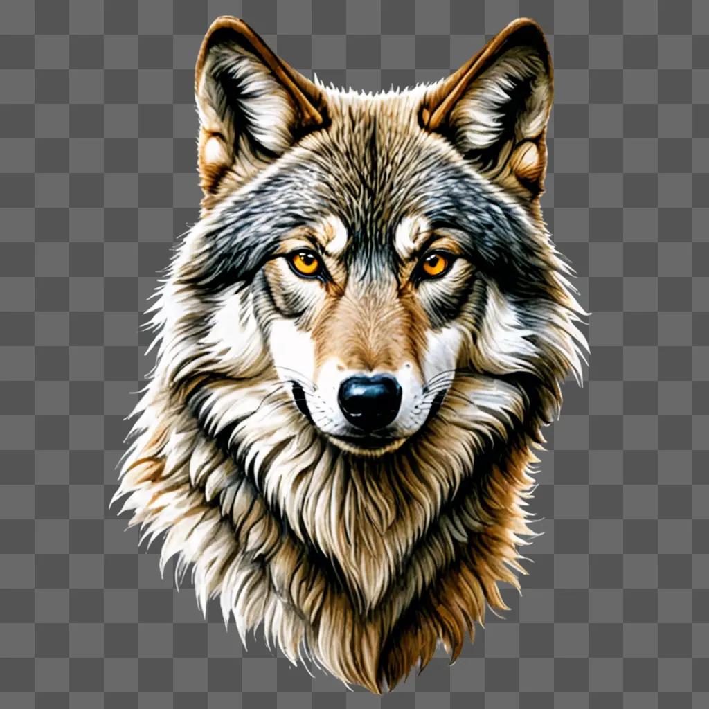 A realistic wolf drawing with a brown and white color scheme