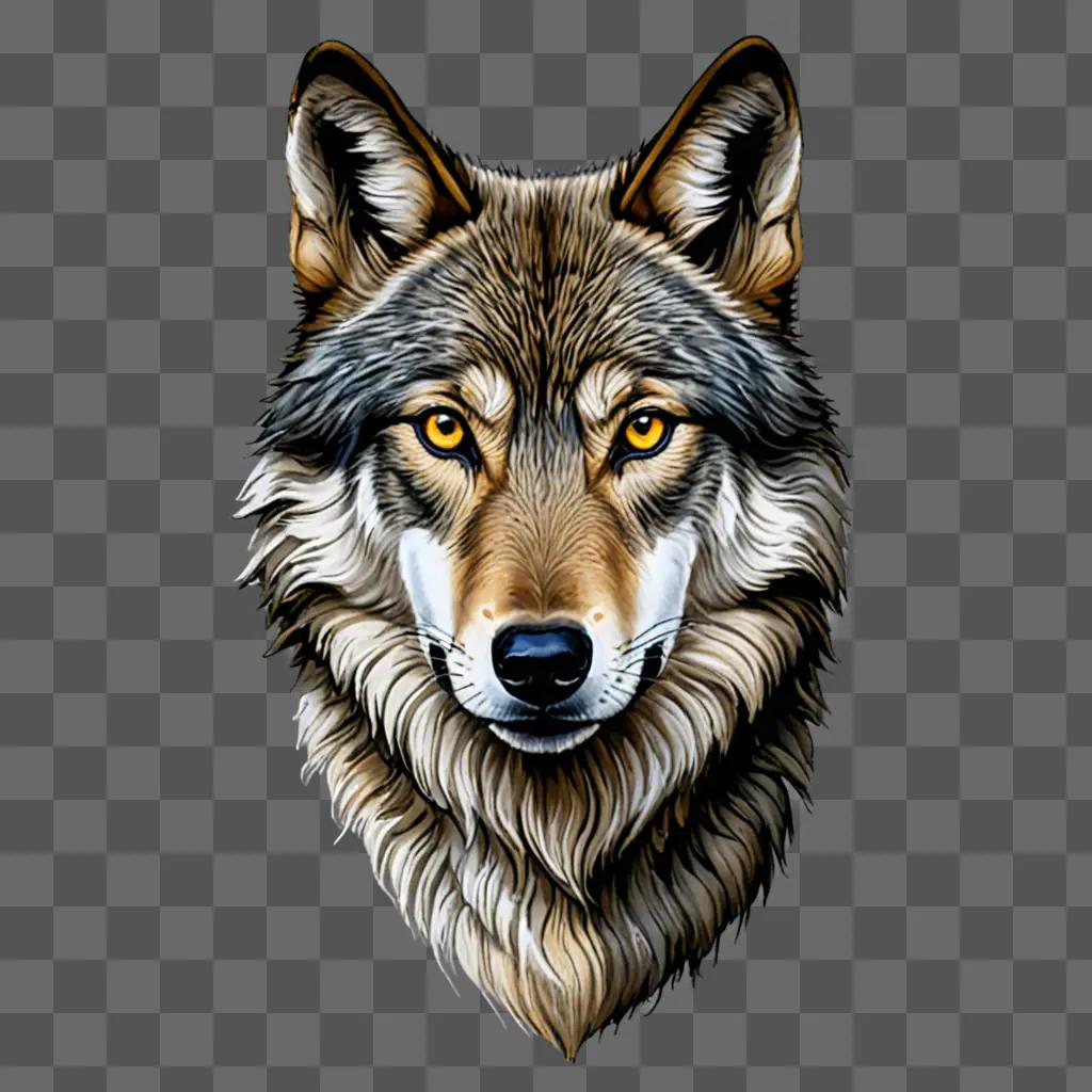 A realistic wolf drawing with yellow eyes