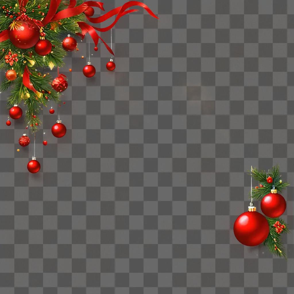 A red Christmas background with ornaments and greenery