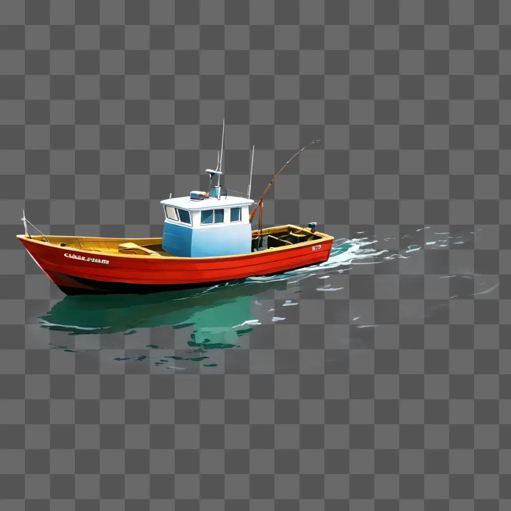 A red fishing boat on a grey background