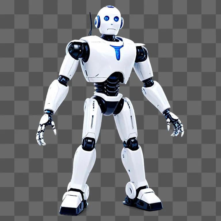 A robot stands in front of a white background