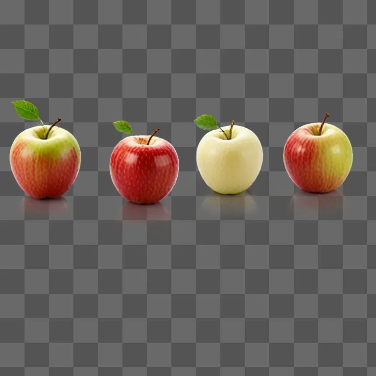 A row of four apples with green leaves