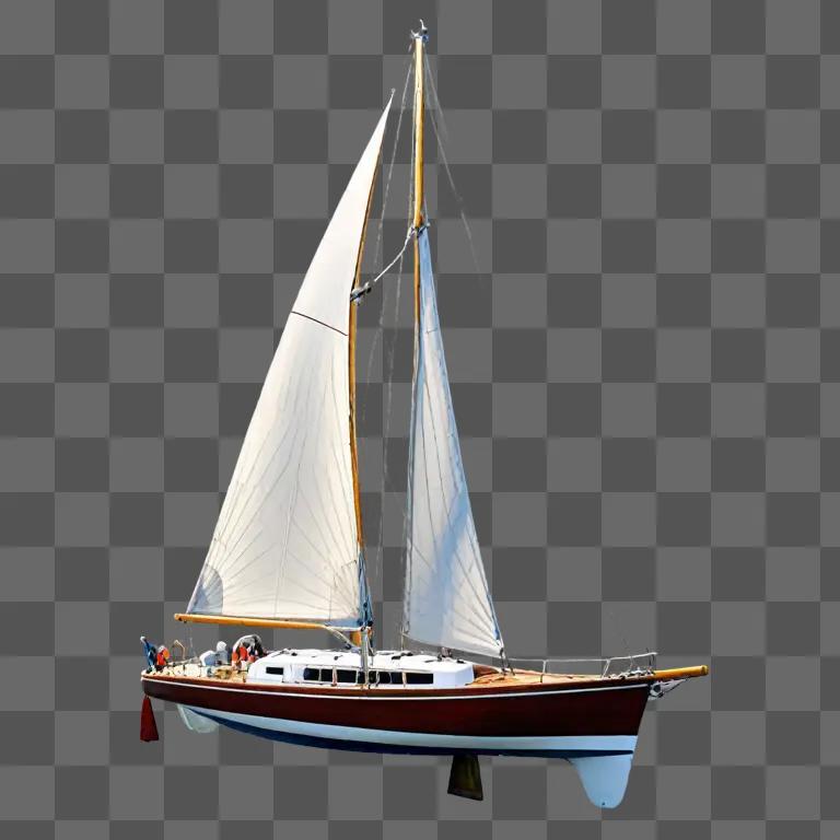 A sailboat with a blue and white sails on a gray background