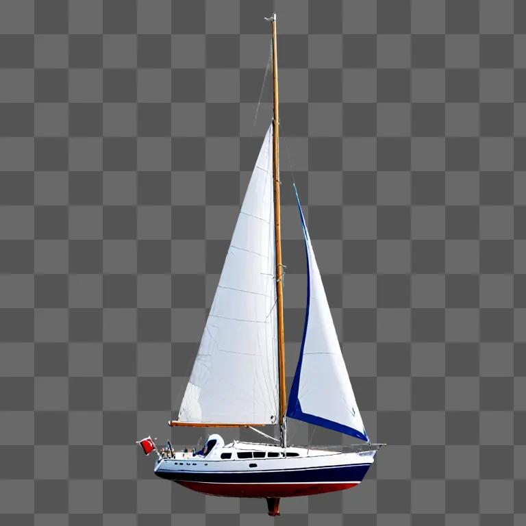 A sailboat with a red and blue sail on a gray background