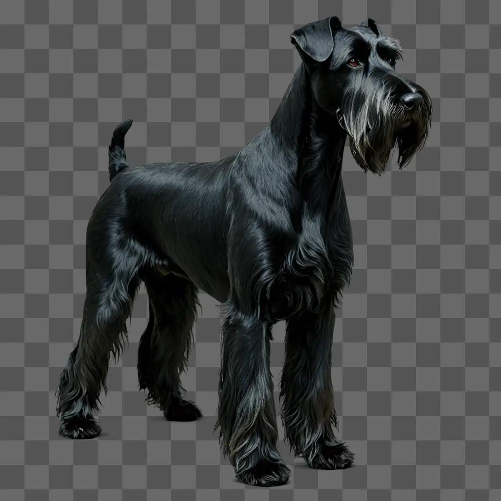 A salt and pepper giant schnauzer stands in black background