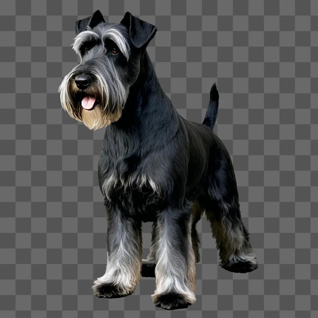 A salt and pepper giant schnauzer stands in the dark