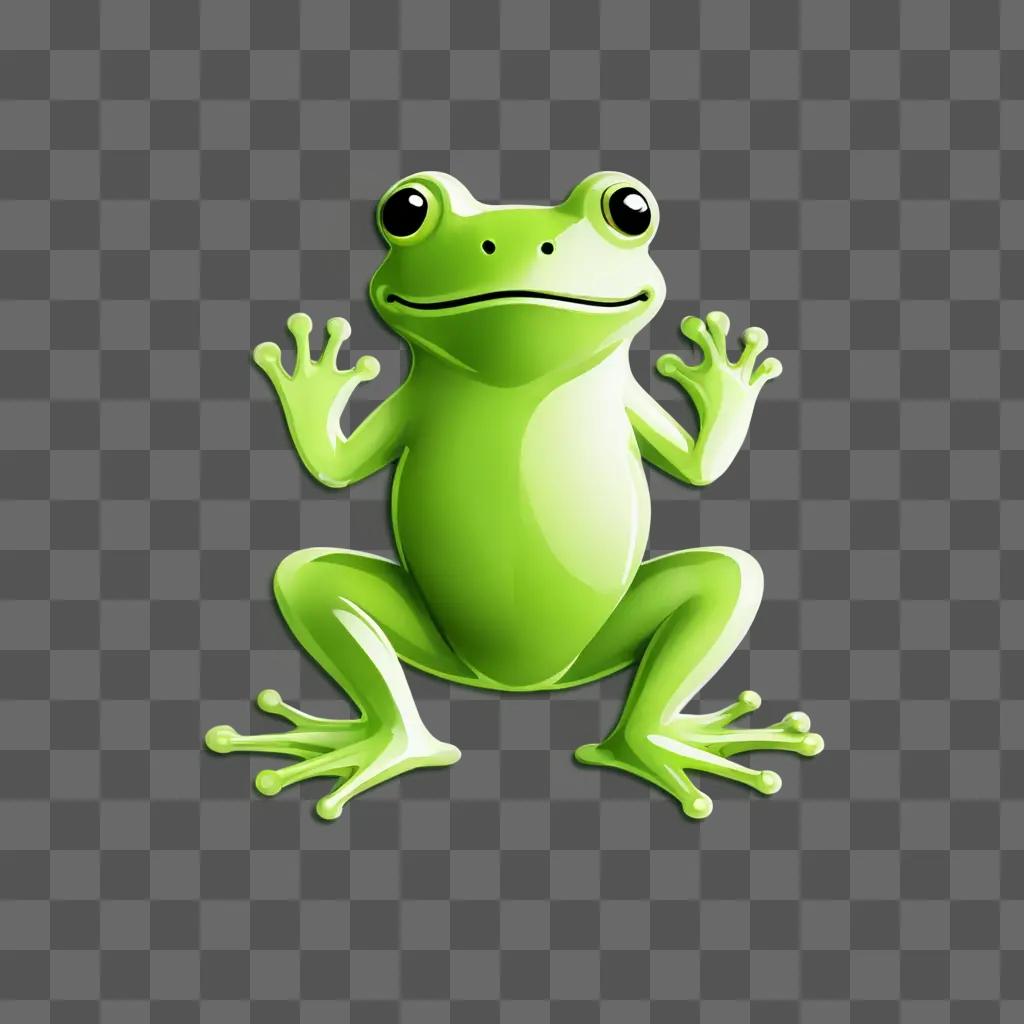 A shiny green frog sits on a green background