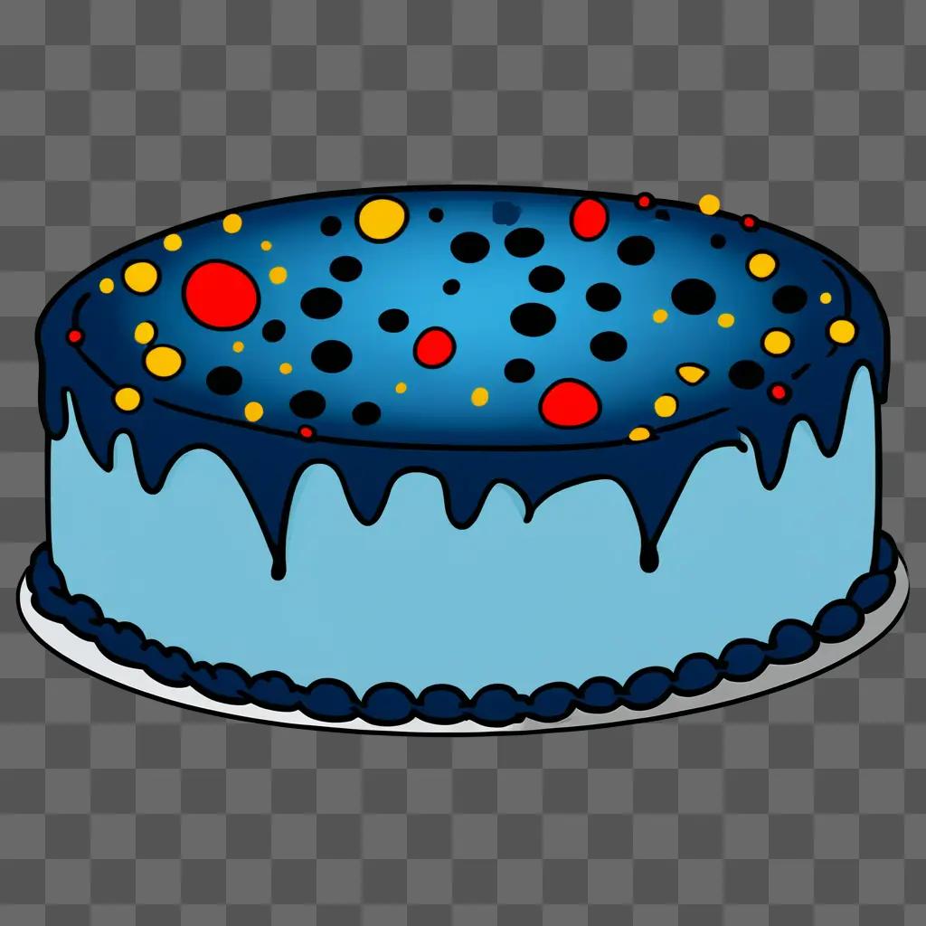 A simple blue cake drawing with colorful decorations