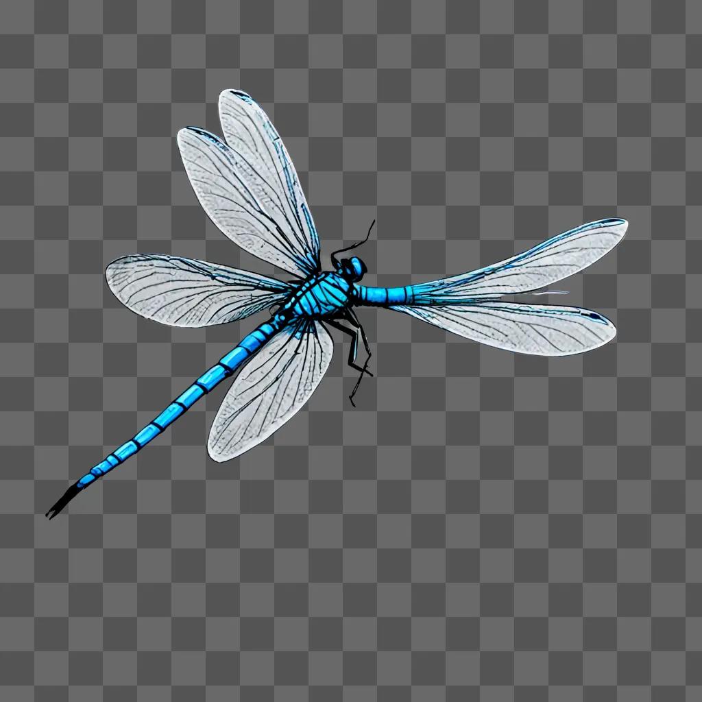 A simple blue dragonfly drawing on a light blue background