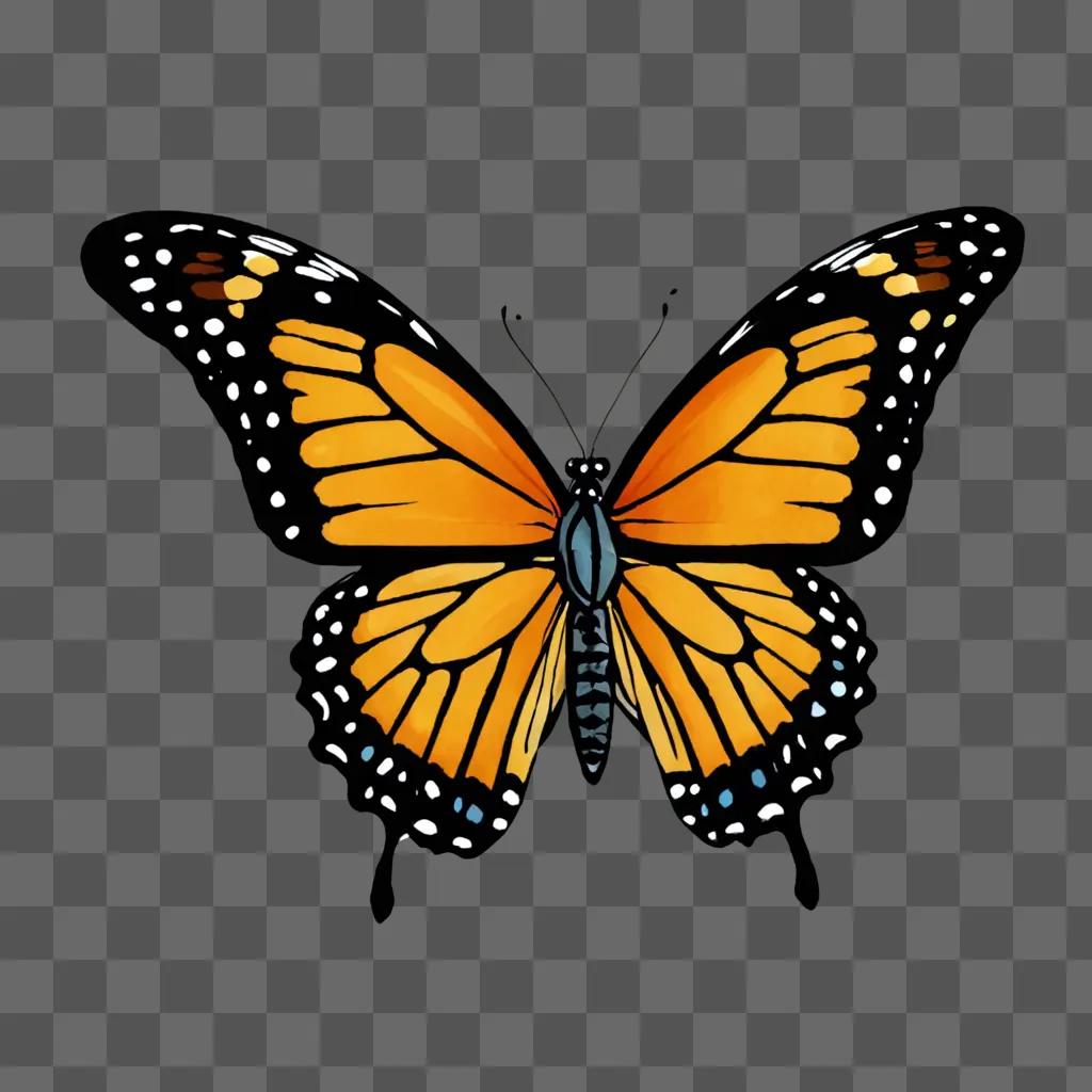 A simple butterfly drawing is shown on a brown background