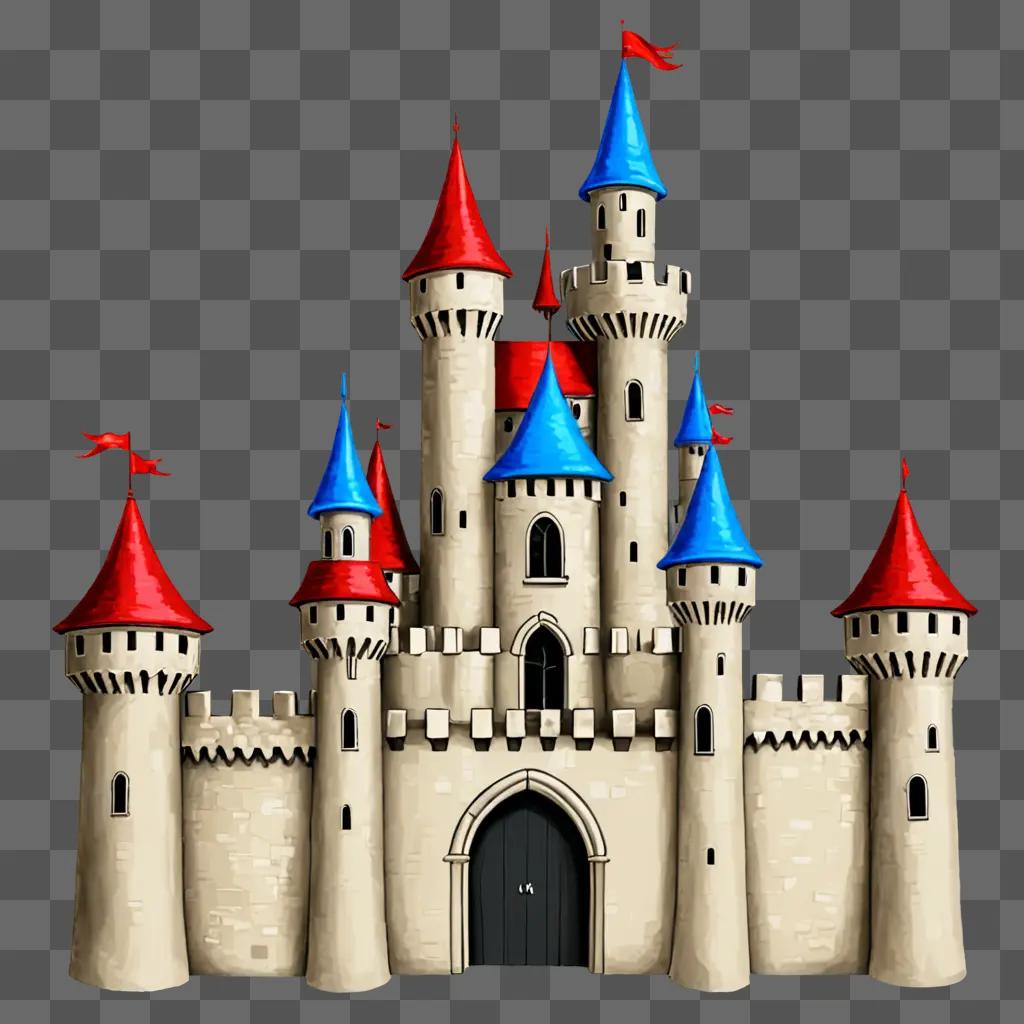 A simple castle drawing with red and blue roofs