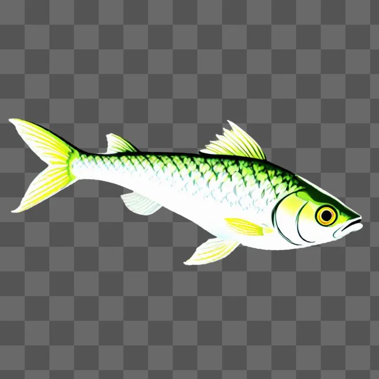 A simple fish drawing is displayed on a green background