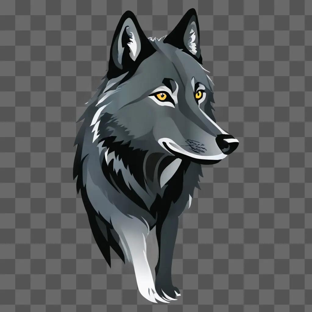 A simple grey wolf drawing with yellow eyes