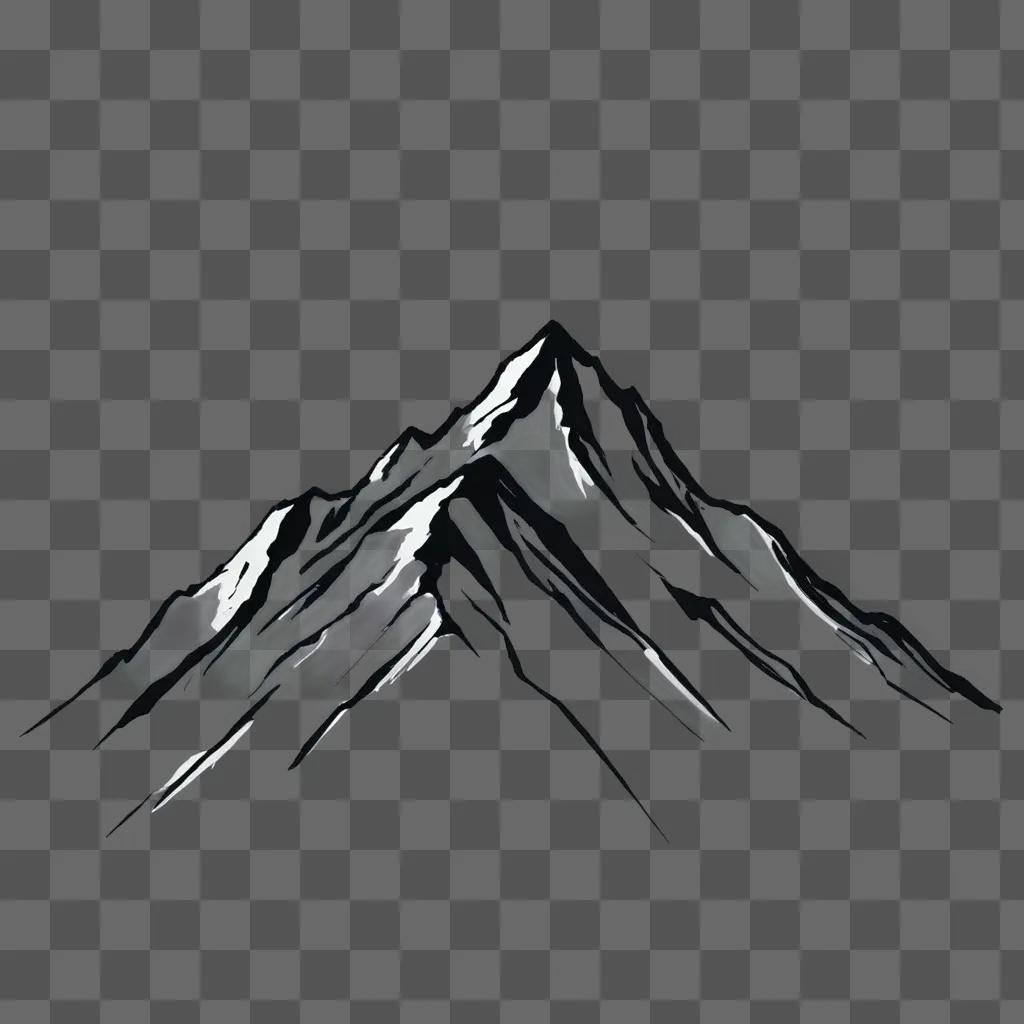 A simple mountain drawing is presented in a black and white color scheme