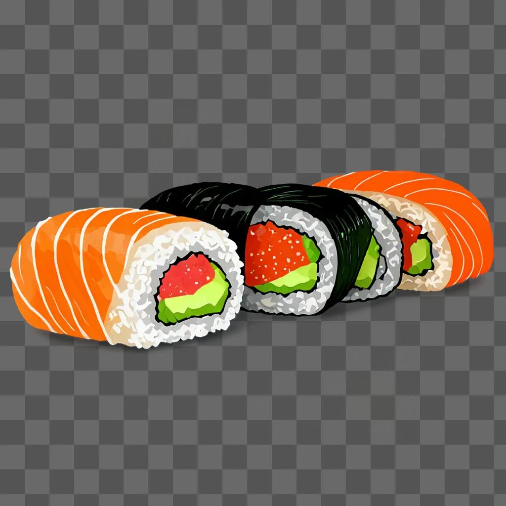 A simple sushi drawing of various rolls and fish