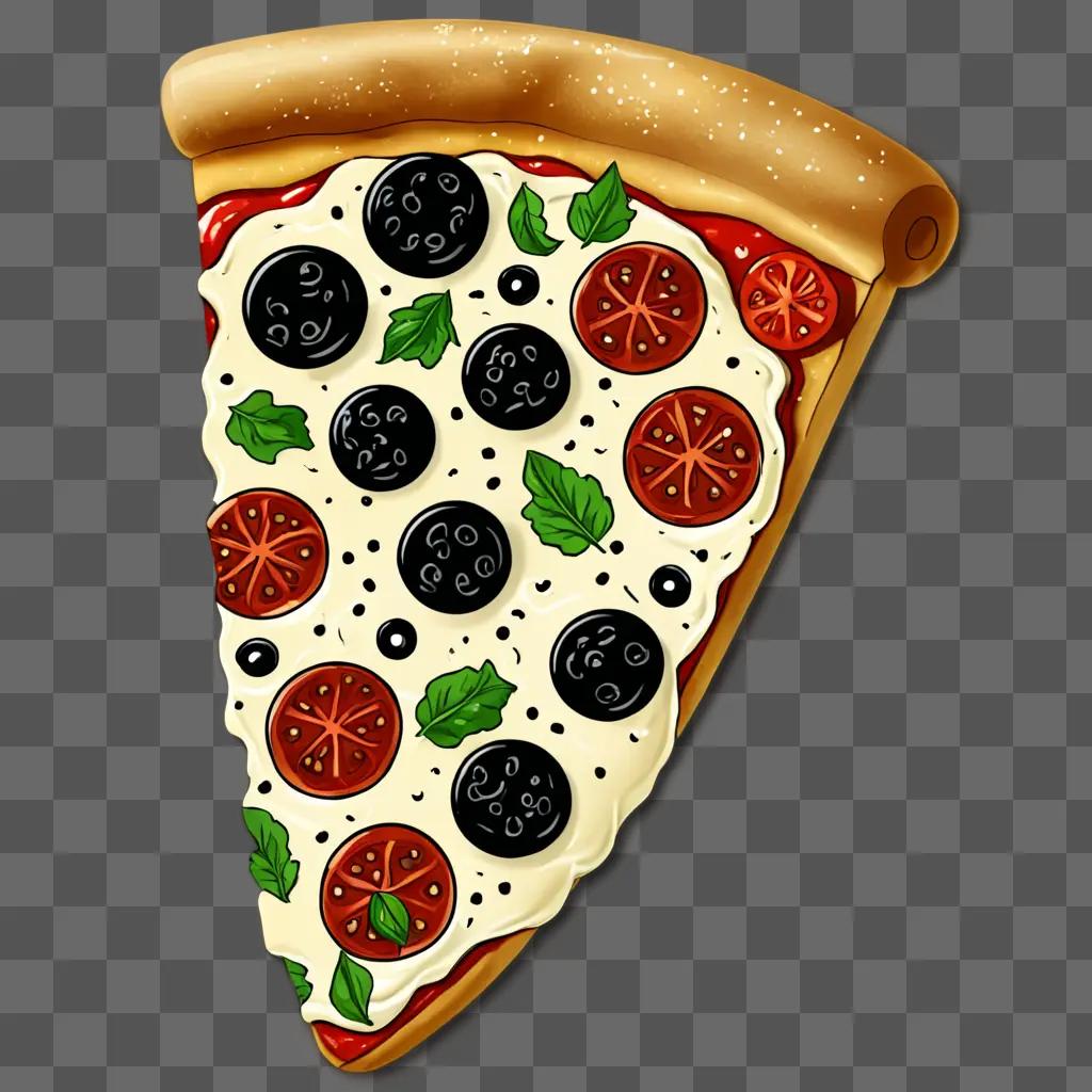 A slice of pizza with black and white toppings