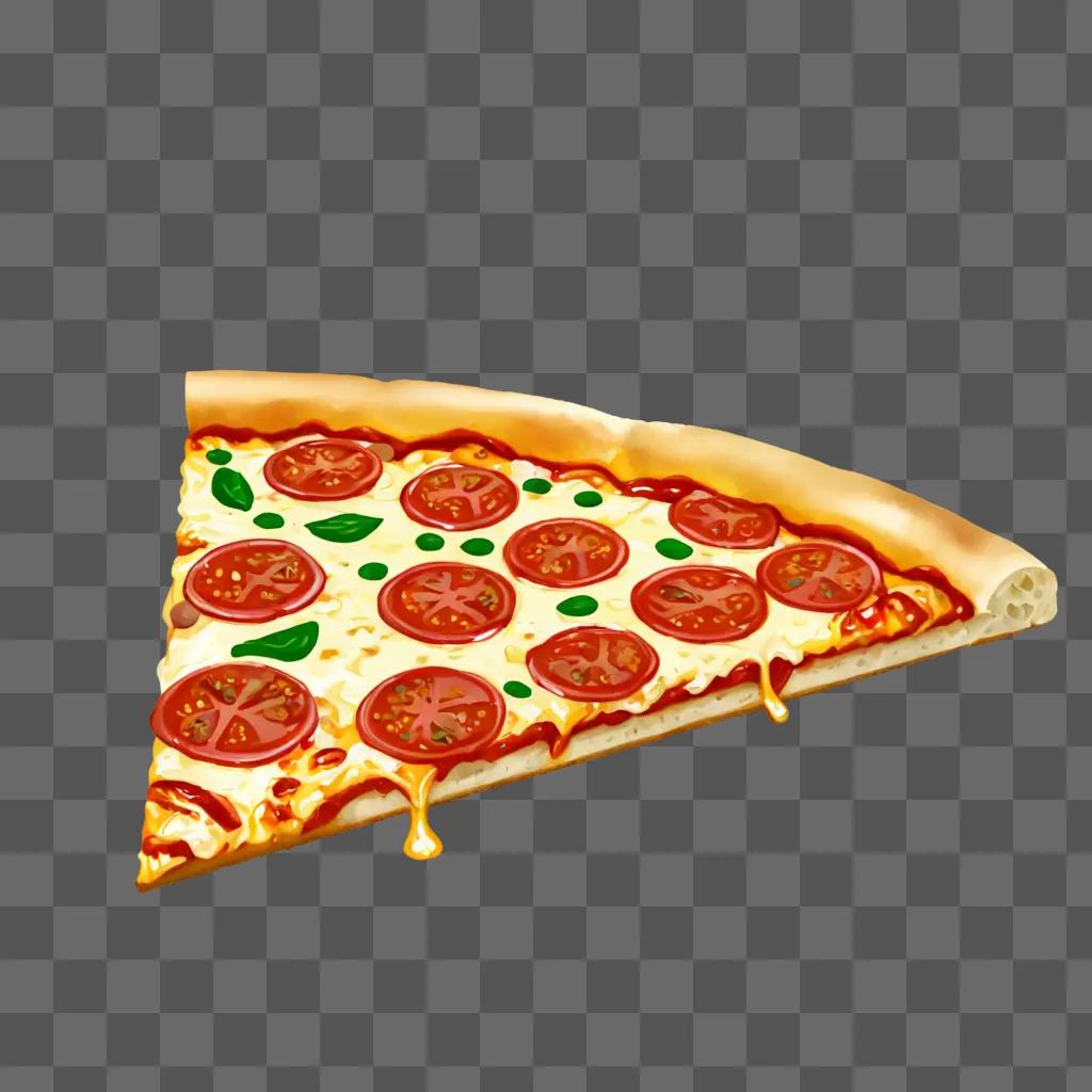 A slice of pizza with tomato and basil on a brown background