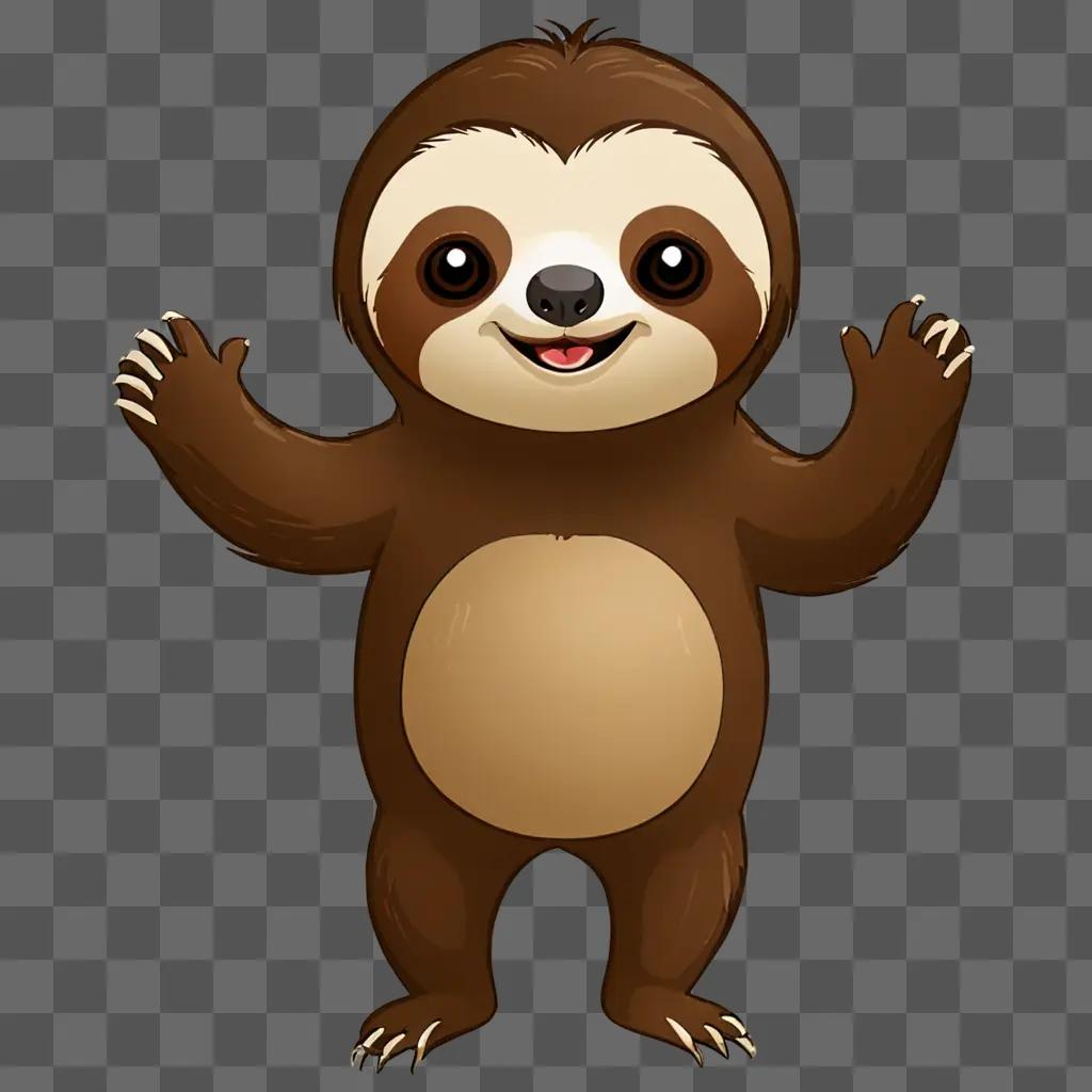 A sloth cartoon character is standing on a brown background