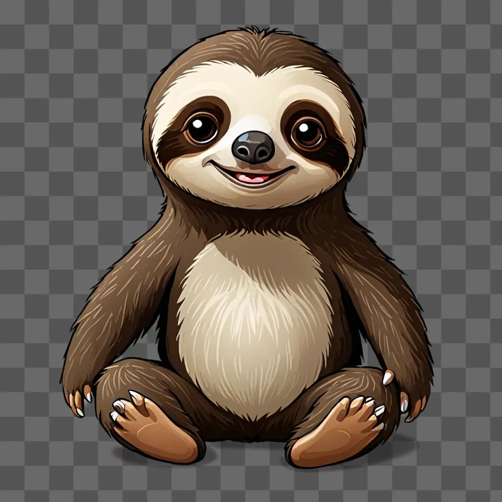 A sloth cartoon character sits on a brown background